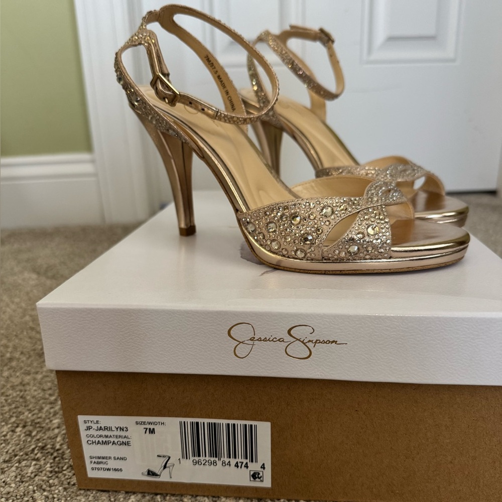 Jessica Simpson Champagne Crystal Open-Toe Ankle-Strap Heels